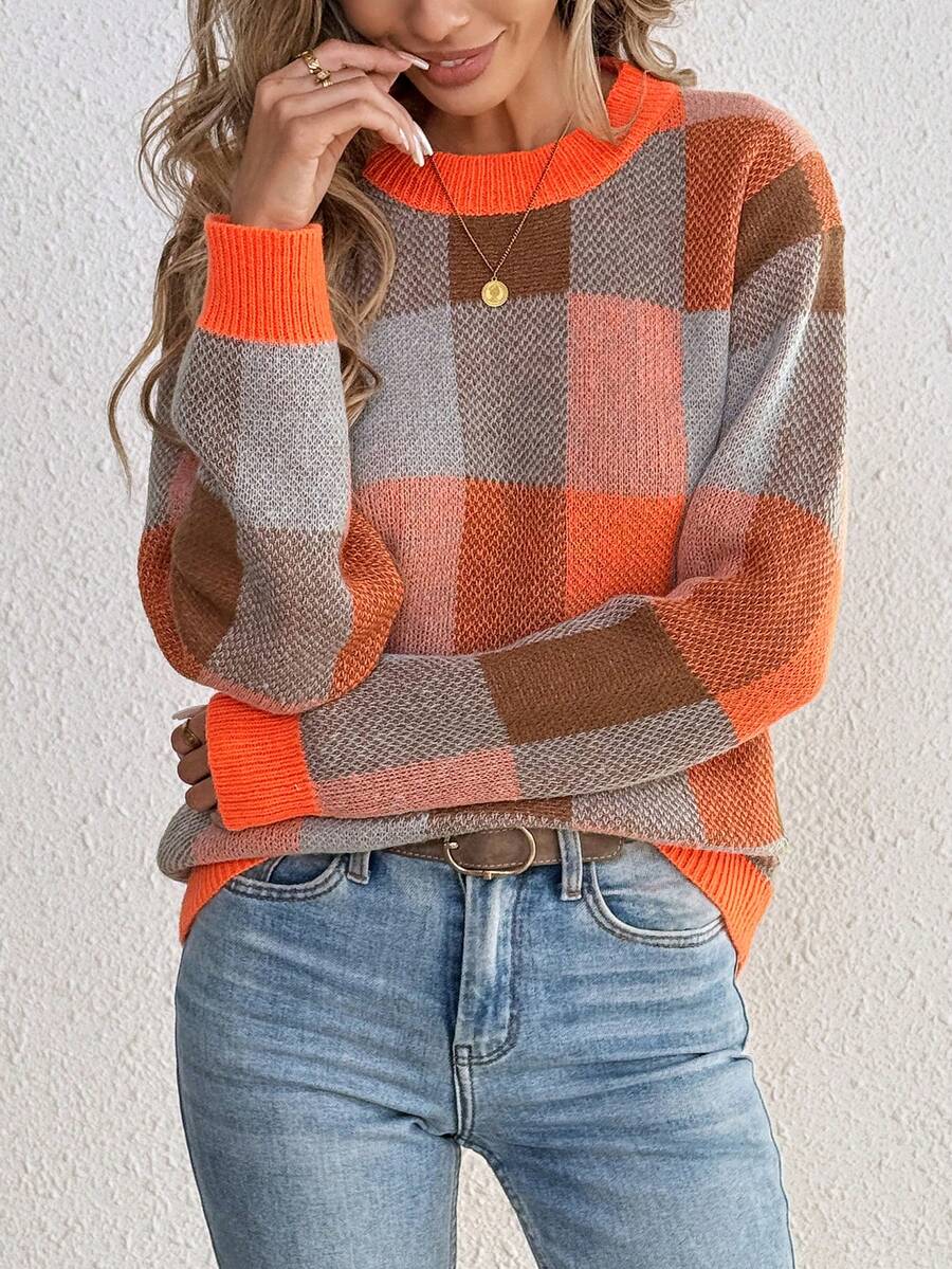 EMERY ROSE 休闲撞色格纹圆领毛衣，秋冬季 - 橘色 - 查看 1