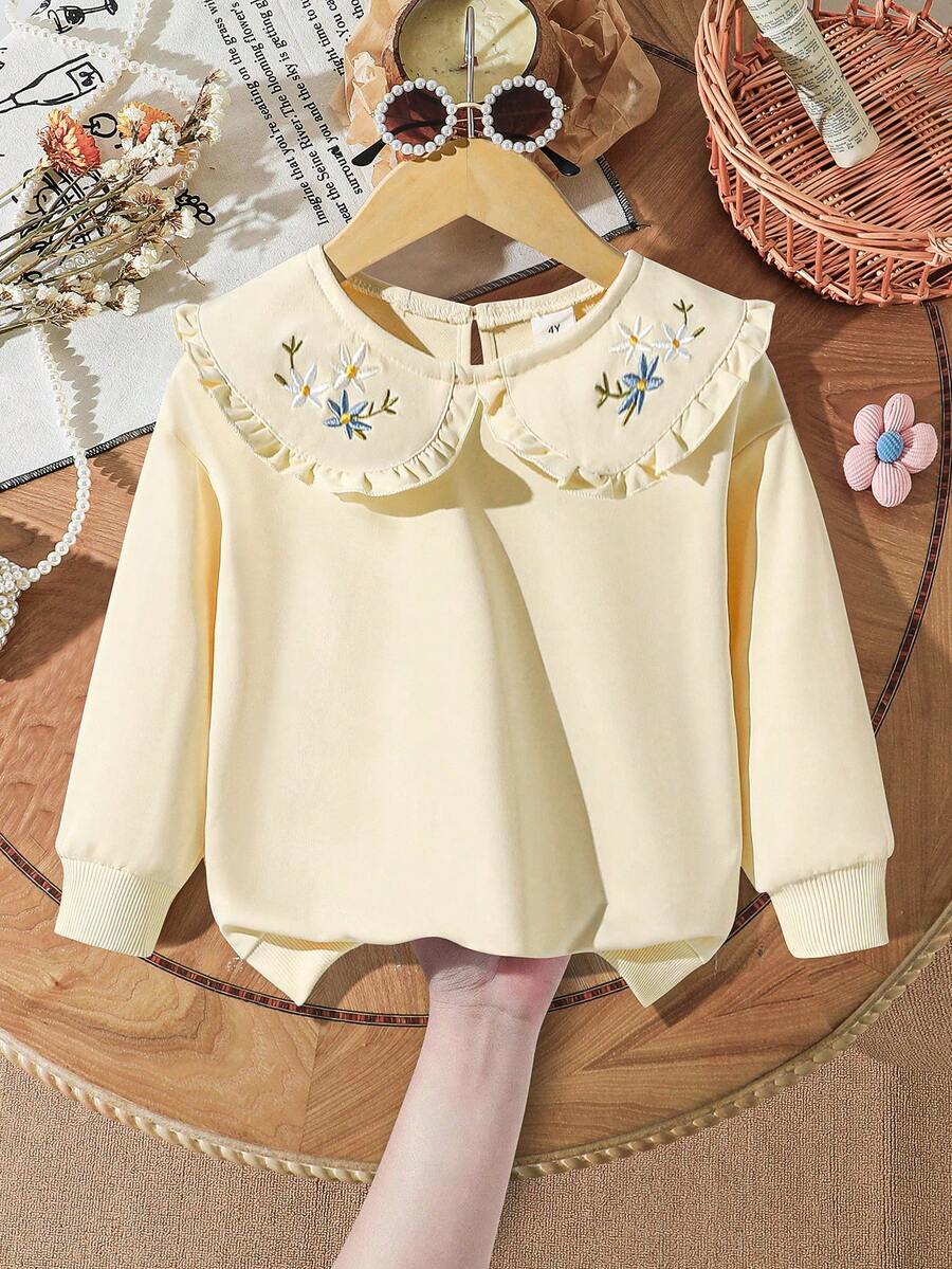 Young Girls' Sweet Princess Style Floral Embroidery Drop Shoulder Sweatshirt, Autumn/Winter - Apricot - View 1