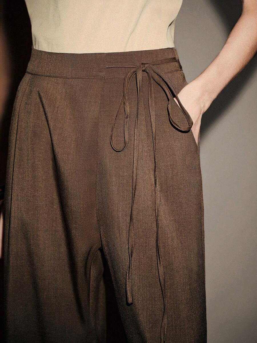 Lumivelle Brown Relaxed Fit Wide Leg Pants, Criss-Cross Tie Design, Casual Chic For Commute And Leisure - Brown - View 1