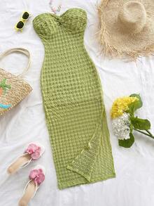 Soleia 女士纯色扭结设计连衣裙，时尚无肩带度假连衣裙 - 綠色 - 查看 3