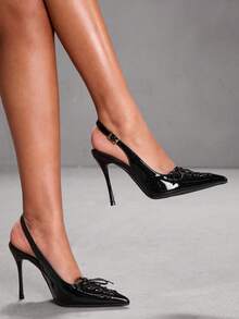 CUCCOO SZL 女士尖头搭扣设计亮面蝴蝶结装饰日常百搭时尚高跟鞋