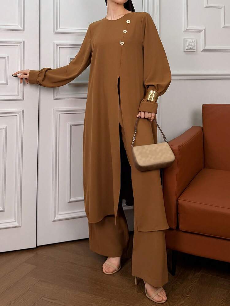 Women's Solid Color Round Neck Long Sleeve Button Design Split Hem Robe And Wide Leg Pants Casual 2 Pieces Set