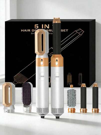 Teckwe 5-In-1 Hot Air Styler & Hair Dryer - Ionic Detachable Brush | Touch-Up Voluminous Finish, Curling Iron & Straightener | Mother's Day & Perfect Halloween & Christmas Gift (White Gold/Grey Red) European Standard Plug