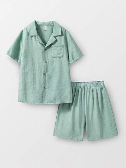 SHEIN 2pcs Kids/Tween Boys Casual Everyday Comfortable Polo Collar Open Front Short Sleeve Solid Color Shirt & Shorts Set