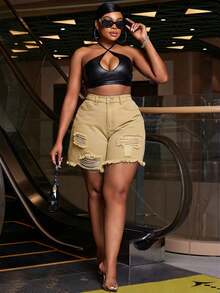 Slaydiva Plus Size Solid Color Casual Denim Shorts - Khaki - View 3