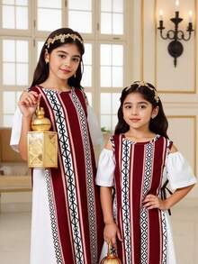 Young Girls Spring/Summer Geometric Print Dress, Woven Fabric White Solid Color Patchwork Geometric Print Dress, Suitable For Spring/Summer, Cute, Elegant, Comfortable Outfit For Girls, Suitable For Daily School, Outings, Vacations, Parties, Holidays Girls Long Dress Long Maxi Dress For Kids Girls Matching Dresses Cotton Long Dresses For Girls Mom Daughter Matching Dresses Kids Dresses