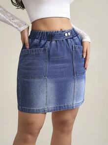 SHEIN Tall 女士松紧腰带口袋休闲牛仔铅笔裙 - 藍色 - 查看 3