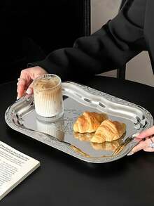 1 Piece Large Vintage Stainless Steel Tray With Elegant French Embossed Pattern High Quality Durable Cake Plate Serving Tray For Home Dining Tabletop Storage Decor Party Wedding Coffee House Essential Hot Item - Silver - View 5