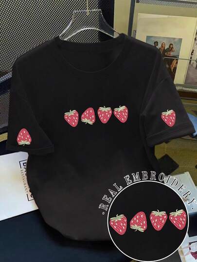 Resyla Fashionable Casual Strawberry & Fruit Embroidery Round Neck Women T-Shirt, Suitable For Daily Wear, All Seasons
