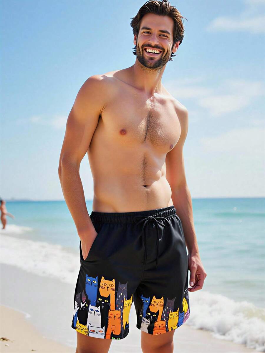 Manfinity Swimmode 男士抽绳腰带卡通印花休闲百搭沙滩短裤 男士黑色泳裤 男士泳裤泳装 男士猫咪印花泳裤 - 彩色 - 查看 1
