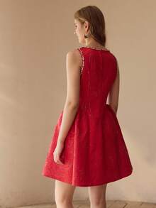 MOTF PREMIUM WOMEN'S RHINESTONE JACQUARD SLEEVELESS DRESS - Red - View 3