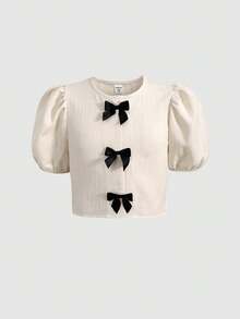 SHEIN Tween Girl Casual Street Style Colorblock Floral Bow Decor Textured Bubble Short Sleeve Woven Shirt Top And Wide Leg Straight Pants Set, Khaki - Khaki - View 7