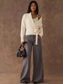 SHEIN BAE Women's Casual Solid Color Lace-Up Wrap Sweater - Apricot - View 5