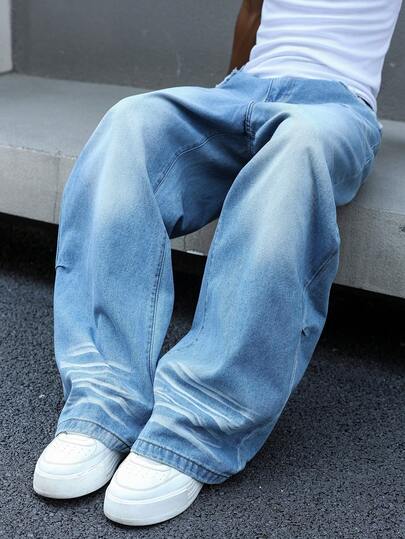 Manfinity EMRG Plus Size Stylish Cat Whisker Pleated Denim Jeans