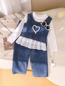 Elladie kids Young Girls Fashion Cute Little Heart Pattern Sleeveless Vest Camisole With White Long Sleeve Round Neck Top And Casual Denim Pants Jeans Set Kids Long Sleeve Sets Childrens Jeans Set 2 Piece Denim Sets Girl Clothes Set Little Girl Denim Set Daddy's Valentine Kids Jeans Set Childrens Denim Outfit - White - View 4
