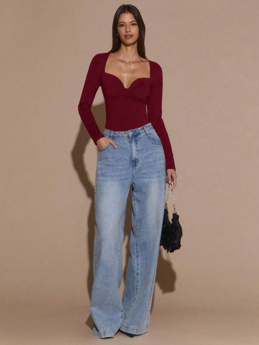 SHEIN BAE 黑色纯色方领修身长袖连体衣，适合毕业典礼、正式场合、鸡尾酒会、浪漫约会、秋冬季打底、派对、夜店、万圣节、圣诞节等场合。 - 酒紅色 - 查看 1