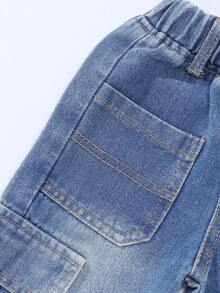 SHEIN Playful Pals 男童休闲水洗蓝色牛仔工装裤，宽松舒适纯棉工作裤，适合日常穿着，秋冬季 - 淺色水洗藍 - 查看 7