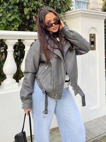 NegzBox Vintage Washed PU Leather Lapel Loose Motorcycle Jacket  - Dark Grey - View 4
