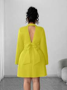 Elenzga Plus Size Solid Color Double-Breasted Bow Decor Backless Dress - Yellow - View 2