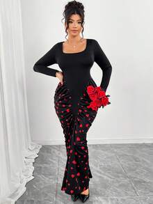 Elenzga Plus Size Women's Heart Print Long Sleeve Ruched Waist Maxi Dress,Black And Red,Autumn,Party,Rave, Elegant New Year Girlfriend Gathering Black - Multicolor - View 3