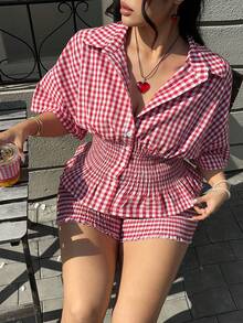 GalTyme 大码女式格子单排扣腰带衬衫和短裤休闲两件套，春夏款 - 彩色 - 查看 3