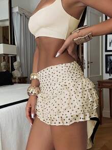 Ronhire Chân váy xếp ly nhiều lớp họa tiết chấm bi cho nữ - Màu be - Xem 4