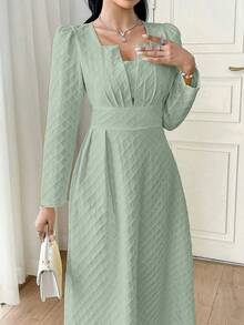 Modelyn 法式方领格纹提花褶裥连衣裙 - 灰藍色 - 查看 7