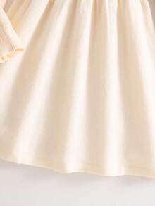 Tween Girl Round Neck Long Sleeve Ruffle Hem Bow Decor Cute Knitted Dress - White - View 3