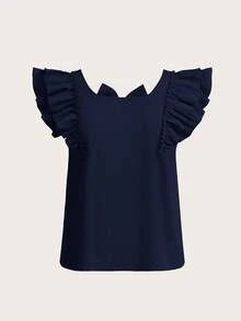 SHEIN Clasi Áo kiểu nữ cỡ lớn cổ vuông hai lớp tay ngắn có nơ - Màu xanh hải quân - Xem 7