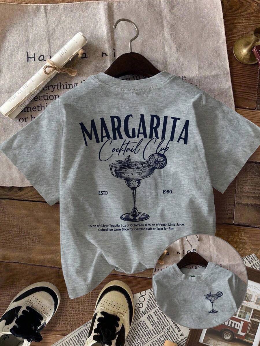 Attitoon Áo thun nữ dáng rộng, cổ tròn, tay ngắn, họa tiết ly cocktail tối giản, thích hợp cho mùa hè. - Màu Xám nhạt - Xem 1