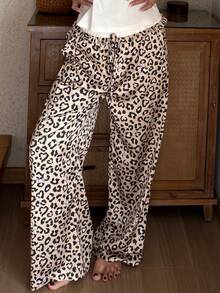 DAZY Leopard Print Patchwork Ruffle Waist Straight Loose Women Pajama Bottoms
