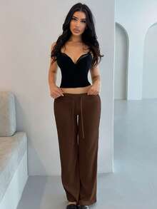 Shopreo 柔软针织质感高腰休闲裤 - 巧克力棕 - 查看 1