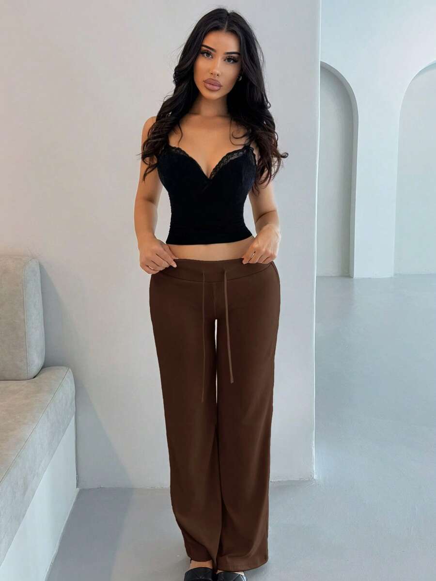 Shopreo 柔软针织质感高腰休闲裤 - 巧克力棕 - 查看 1