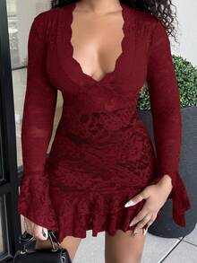 Alexandranx 夏季嬉皮风格女式透明低胸迷你连衣裙 - 酒紅色 - 查看 4