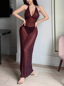DAZY Sheer Silver Yarn Blended Mesh V-Neck Backless Sexy Nightgown For Going Out Red Women Dresses - Burgundy - View 4