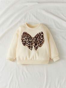 Maija Kids 豹纹蝴蝶结装饰圆领休闲卫衣，适合年轻女孩 - 杏色 - 查看 3