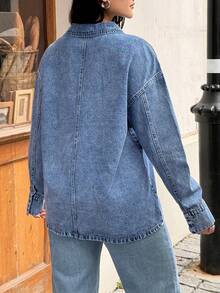 Rivivi 女士时尚立领开襟休闲水洗牛仔衬衫 - 中等水洗藍 - 查看 2