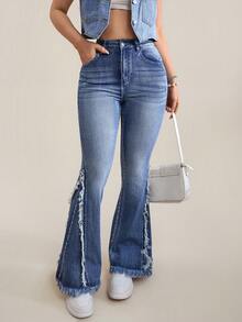 SHEIN Tall Women's Casual Distressed Slim Fit Flare Leg Jeans - Blue - View 6