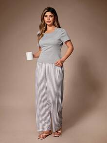 Lazeform Pantalón de pijama de talla grande con estampado de rayas y conjunto de pijama de cuello redondo de manga corta de unicolor, ropa de estar en casa de estilo americano casual para verano, ropa de estar en casa para mujeres de talla grande, ropa de dormir de talla grande, ropa de estar en casa para curvas, ropa de dormir para después del parto y lactancia materna - Multicolor - Ver 6
