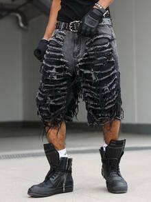 Manfinity EMRG Men's Casual Distressed Frayed Hem Printed Black Denim Shorts - Black - View 4