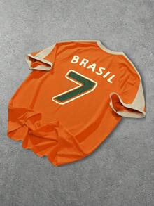 Manfinity Campus Court Áo bóng đá nam tay raglan rộng rãi màu vàng và xanh lá cây, có viền xanh lá cây và vàng ở tay áo và cổ áo, huy hiệu màu xanh lá cây ở ngực trái, chữ "BRASIL" lớn và số "7" màu vàng ở phía sau, trang phục thể thao thường ngày, món quà tuyệt vời cho bạn trai/chồng, áo đôi màu cam, áo sơ mi màu cam, áo thun màu cam, áo đấu nam Brazil. - trái cam - Xem 4