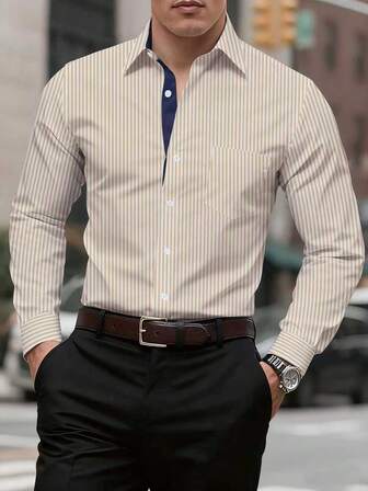Manfinity Mode Men's Striped Single-Breasted Pocket Casual/Commute Long Sleeve Shirt
