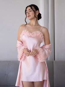 Andrea Bello 2pcs Set: Floral Trim Faux Silk Nightgown And Kimono, Fall Clothes  Cozy And Elegant Details - Baby Pink - View 6