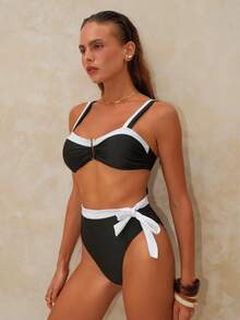 Swim Chiccia 女士优雅黑白撞色金属装饰比基尼套装，适合夏季海滩度假 - 黑色 - 查看 3