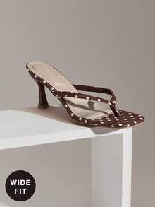 SHUZIA 女士宽楦时尚舒适圆点印花方头细高跟人字拖凉鞋 - 咖啡棕 - 查看 5