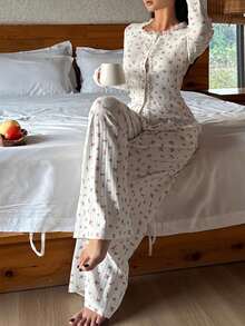 DAZY Floral Lace Ruffle Trim Women Pajama Set - White - View 8