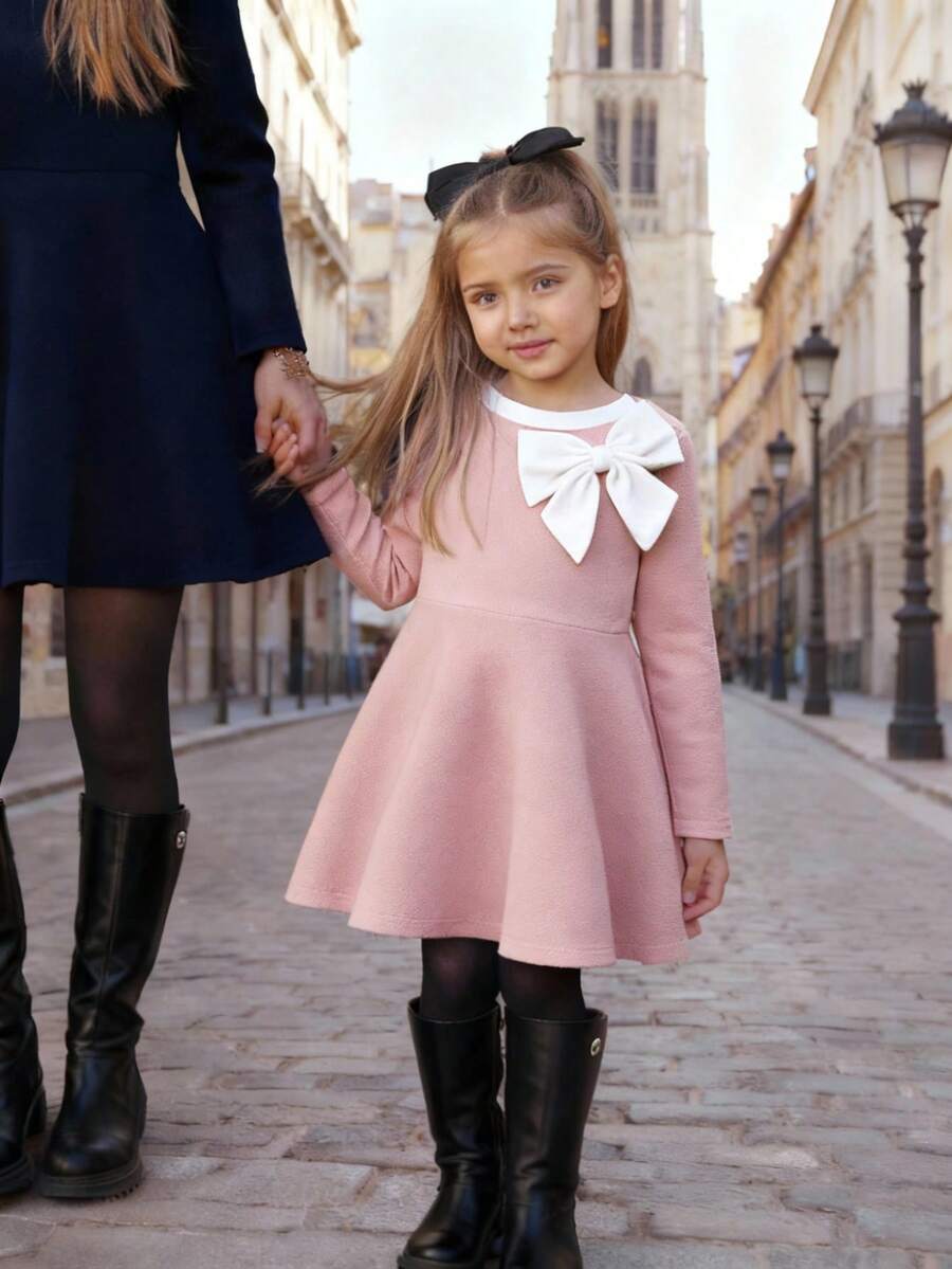 Cute Colorblock Long Sleeve Dress, Collegiate Style For Young Girls - Pink - View 1