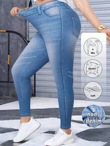 SHEIN LUNE 大码女式牛仔效果印花休闲慢跑裤 - 彩色 - 查看 1