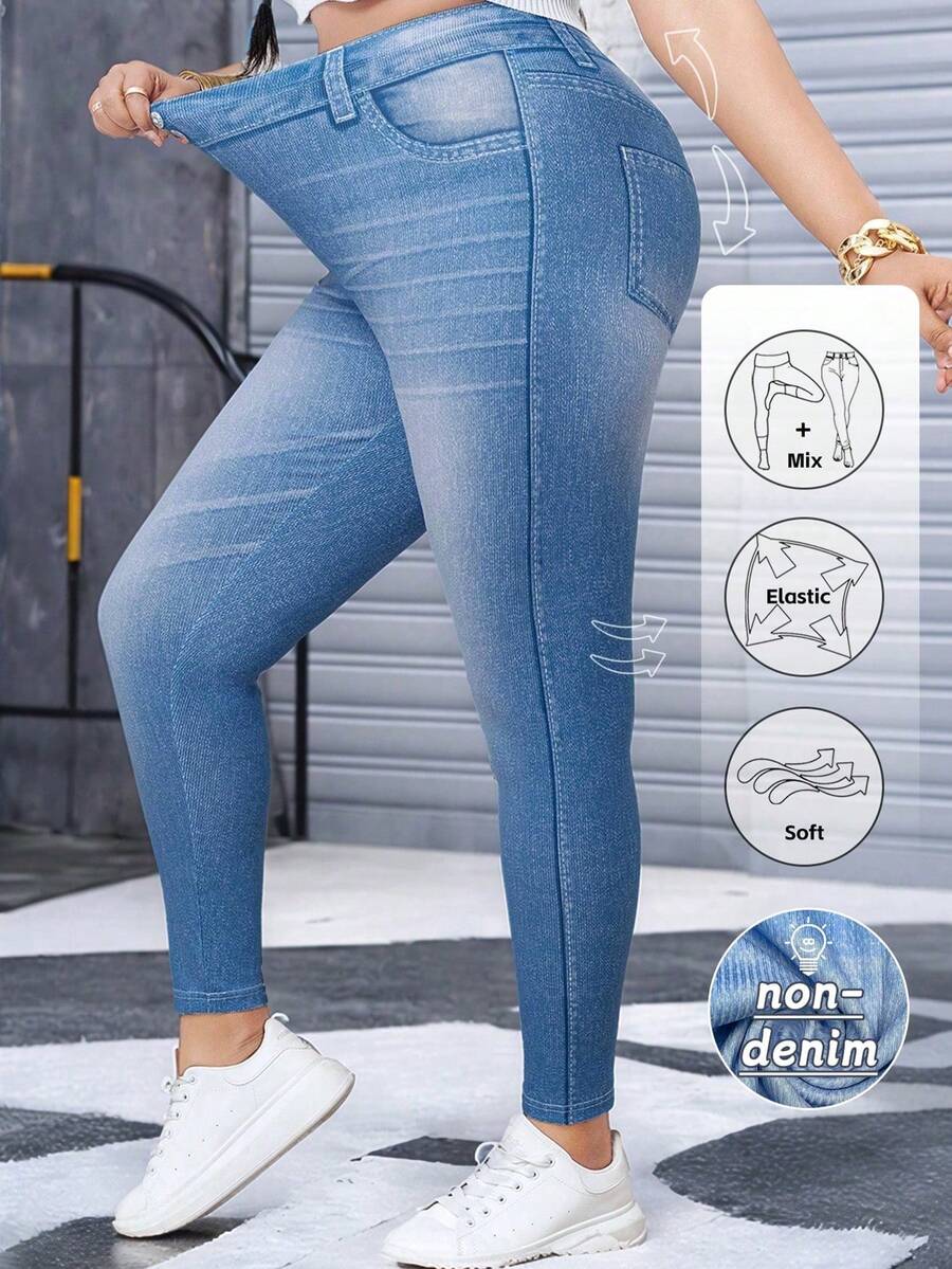 SHEIN LUNE 大码女式牛仔效果印花休闲慢跑裤 - 彩色 - 查看 1