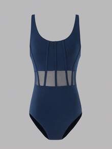 SHEIN Tween Girls Navy Blue Criss-Cross Sleeveless Leotard, Classic Mesh Splice Design Basic Camisole Suitable For School, Ballet, Competition, Children Dance, Gymnastics Sportswear, Elastic Spandex Dance Team Uniform - Navy Blue - View 4
